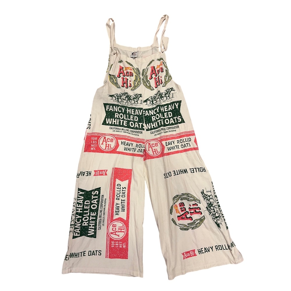 Jaded Gypsy Overalls Womens S/M Cream Ace Hi Feed Sack Print Wide Leg Jumpsuit
